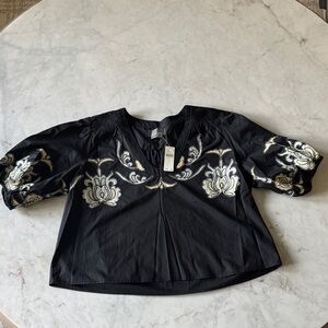 Anthropologie Black Blouse with White and Gold Embroidery